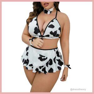 Plus Size Cow Print Maid Costume Lace Trim Bralette Skirt Set